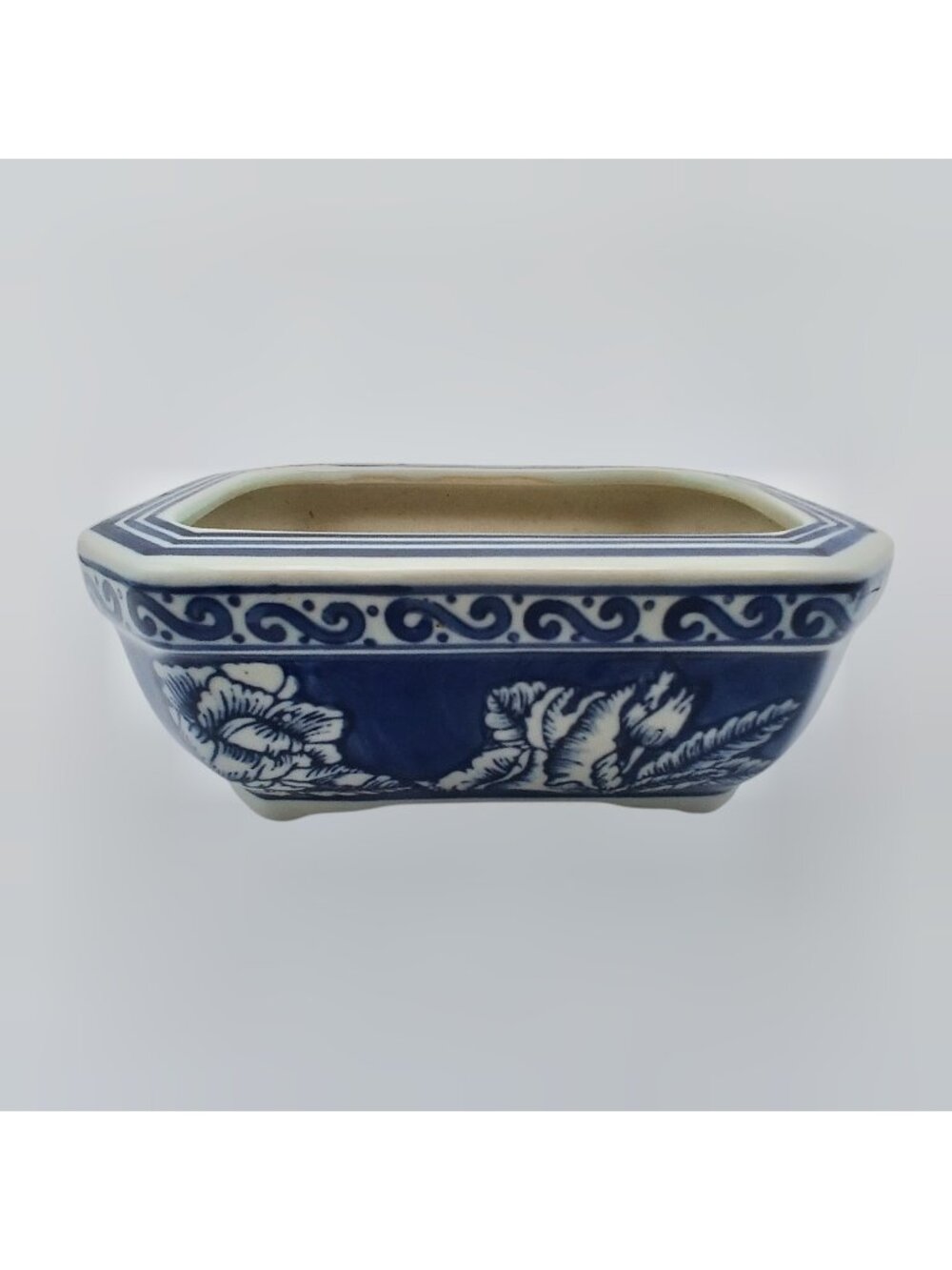 Blue White Bonsai Planter Qianlong Style Mark Floral Ceramic 7 in